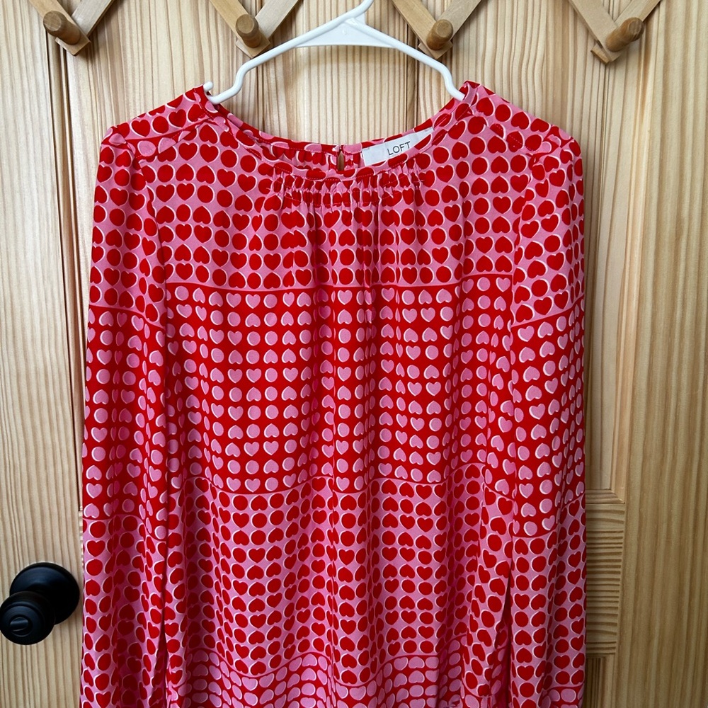 LOFT Vibrant Red and Pink Heart Print Blouse